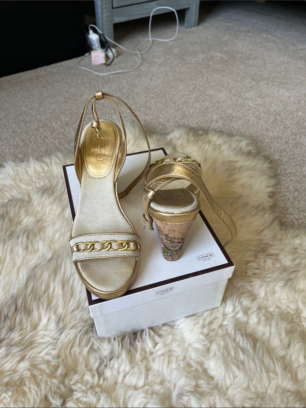 Coach Ellette Metallic Cork Block Heel Sandals with Chain Accent 8.5